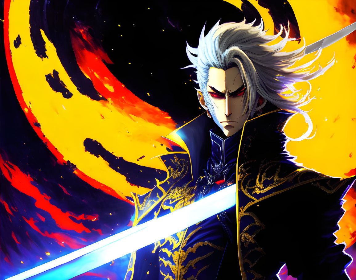 Silver-haired animated character with sword in fiery orange and black setting.