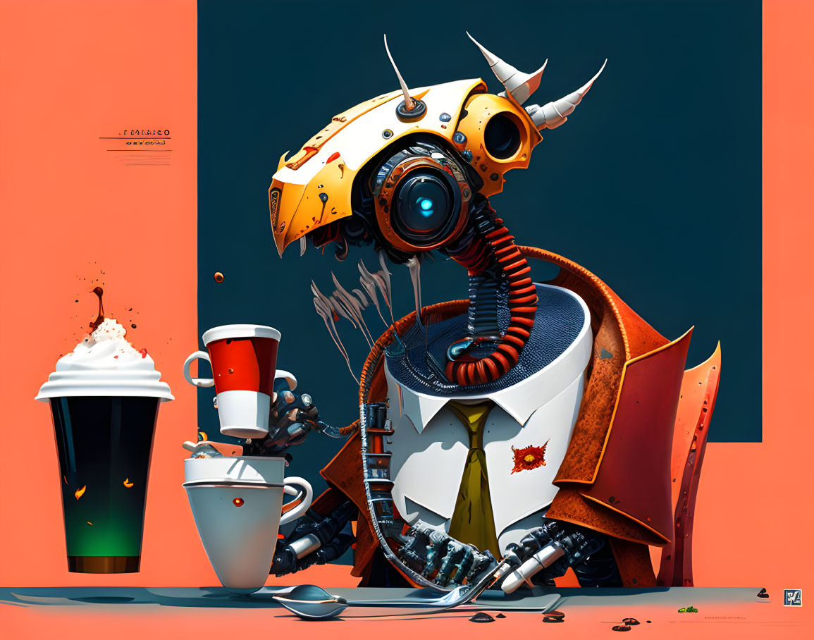 Colorful Robot with Bull-Like Head and Coffee Theme Illustration