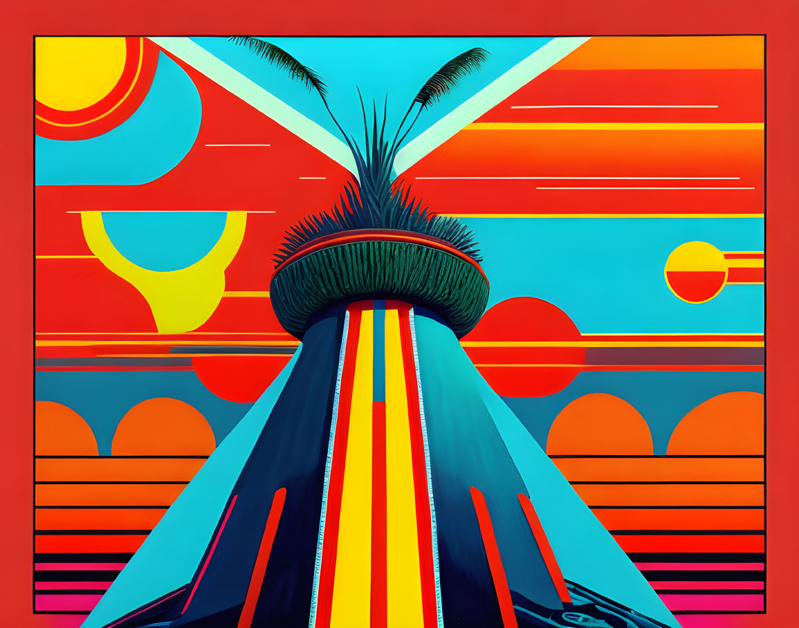 Vibrant graphic artwork: stylized volcano with palm-like top, suns, circles, and