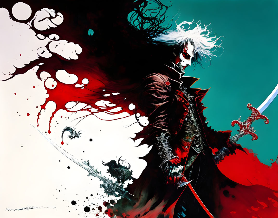 Androgynous figure with white hair in red and black costume wielding a sword