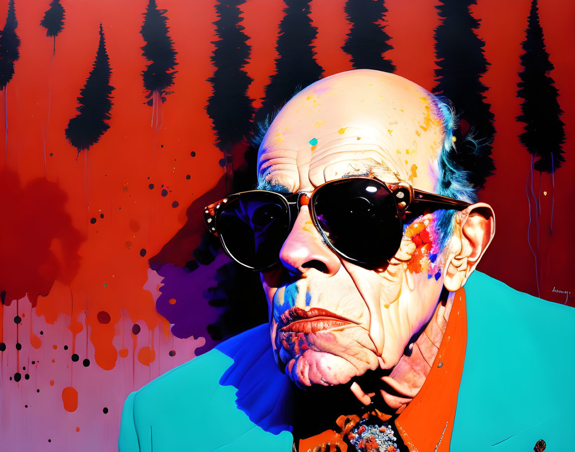 Vibrant portrait of balding man in blue suit with sunglasses on red backdrop.