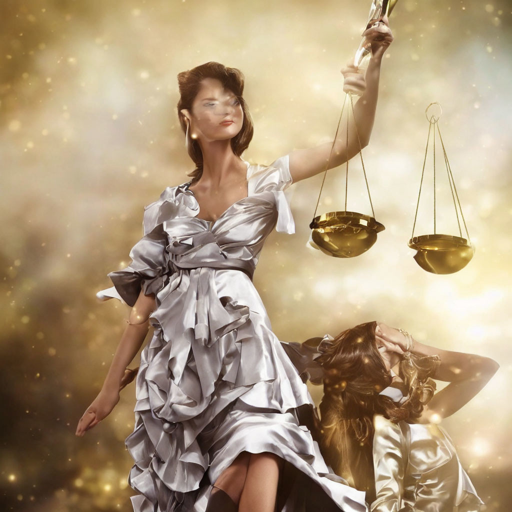 Blindfolded woman as Lady Justice with sword and scale on starry backdrop