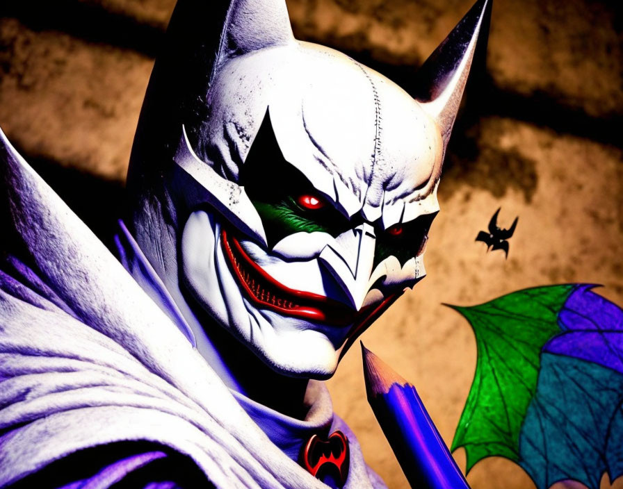 Stylized Batman-like figure with sharp features and red eyes holding a purple umbrella against bat-filled sky