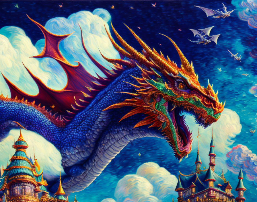 Colorful Dragon Soars over Fantasy Kingdom with Vibrant Clouds