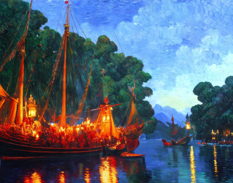 Vibrant Night Scene: Impressionist-style Painting of Illuminated Boats and Lush Green