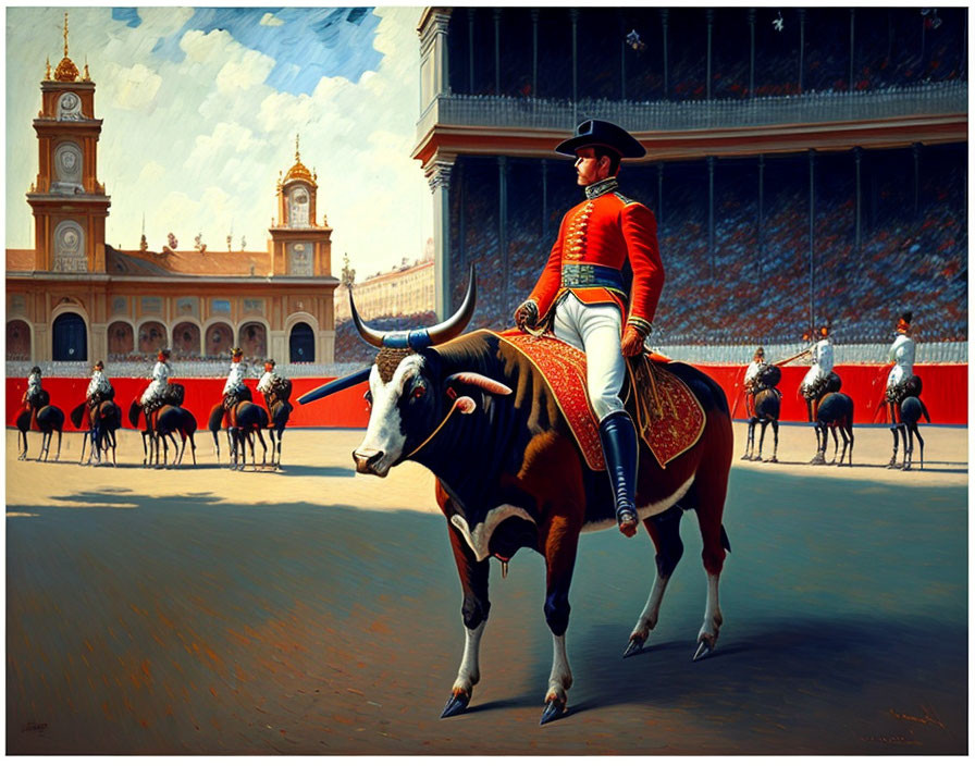 Traditional bullfighting scene with bullfighter, horses, and ornate building.