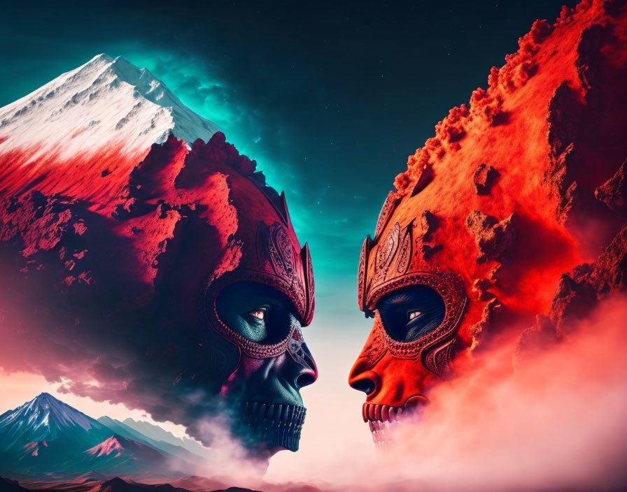 Tribal masks in surreal mountain scene with red and blue colors