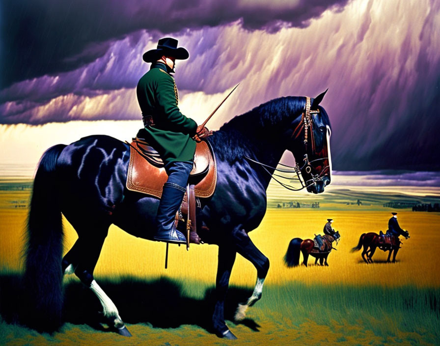 Cowboy on Black Horse Riding with Riders in Distance on Purple Clouds and Yellow Prairie