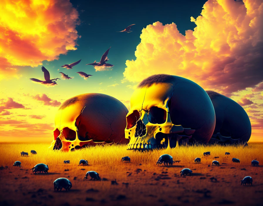 Field of Giant and Miniature Skulls at Sunset with Flying Birds