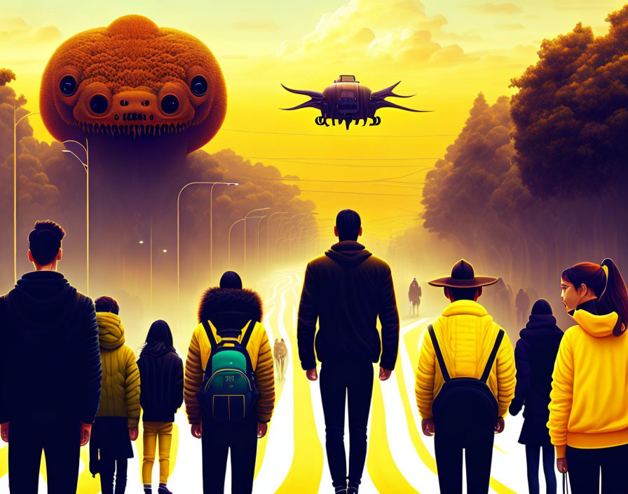 Group of People in Yellow Jackets Walking Towards Giant Floating Jellyfish and Drone on Surreal Yellow Road