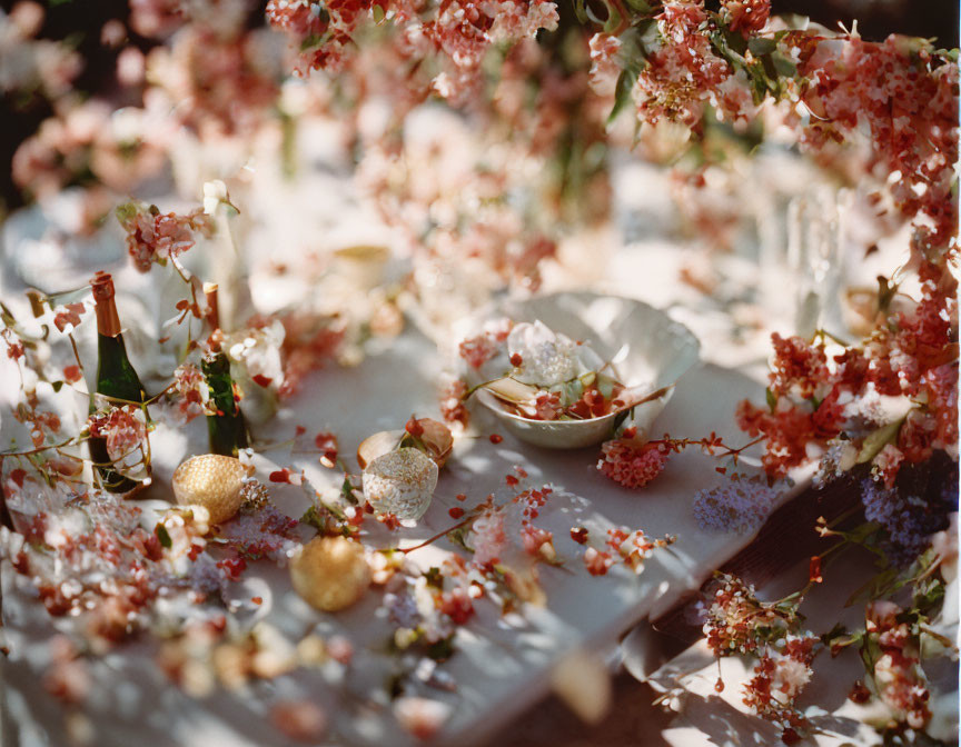 Delicate Pink Blossoms on Sunlit Table with Elegant Dishes