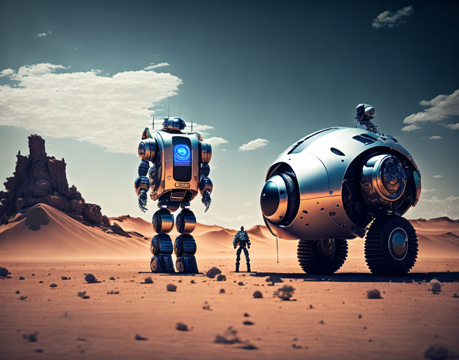 Futuristic robots and astronaut on alien planet with rocky formations