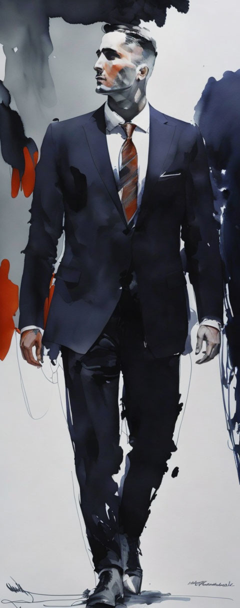 Stylized painting of man in dark suit with orange and black splatters