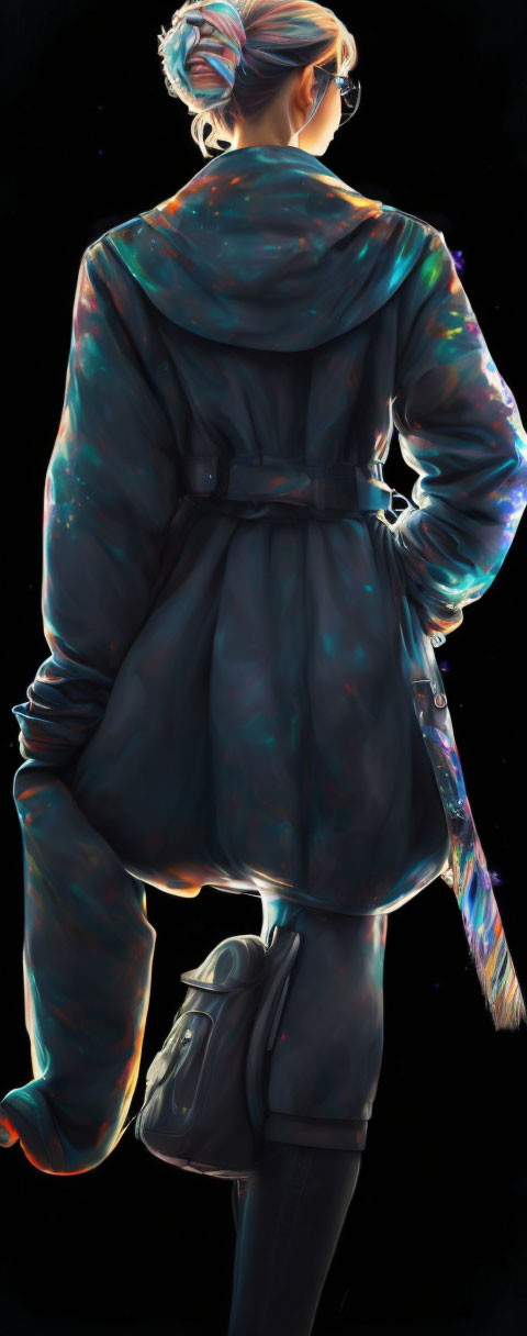 Galaxy-themed outfit woman with bun and backpack on dark background