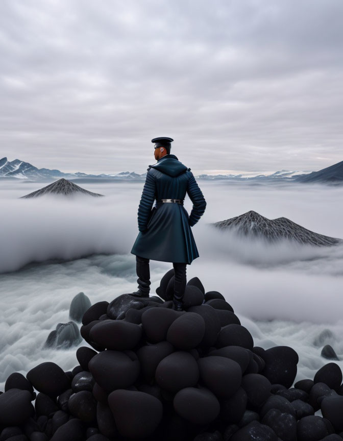 Naval uniform figure on rocky outcrop gazes at serene mountain landscape