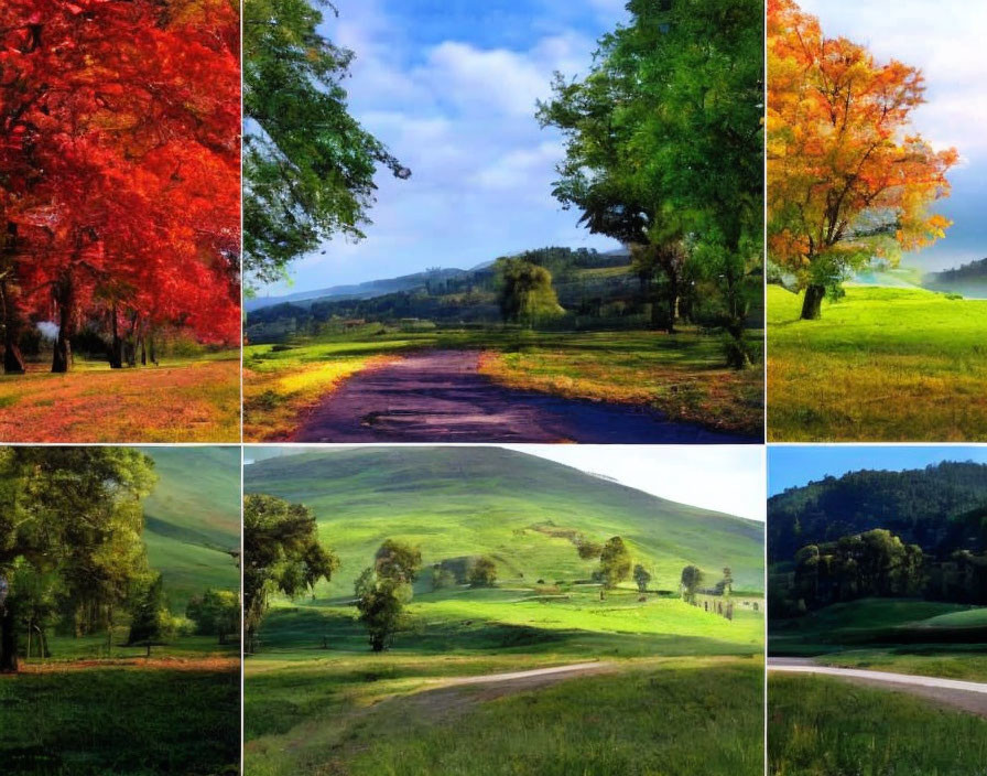 Scenic Landscape Collage: Vibrant Autumn Trees, Rolling Hills, Country Roads