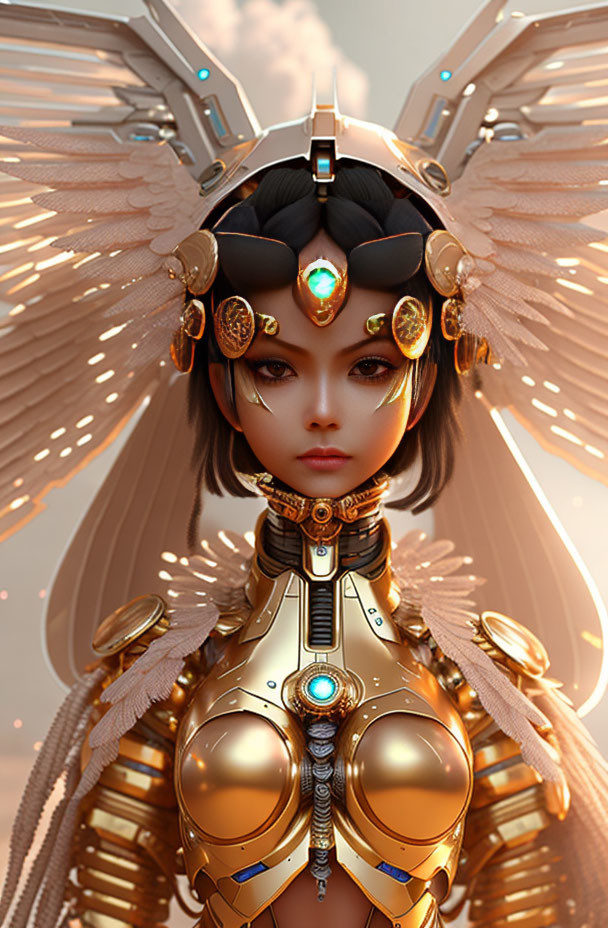 Digital artwork of female figure in ornate gold mechanical suit with glowing blue gems