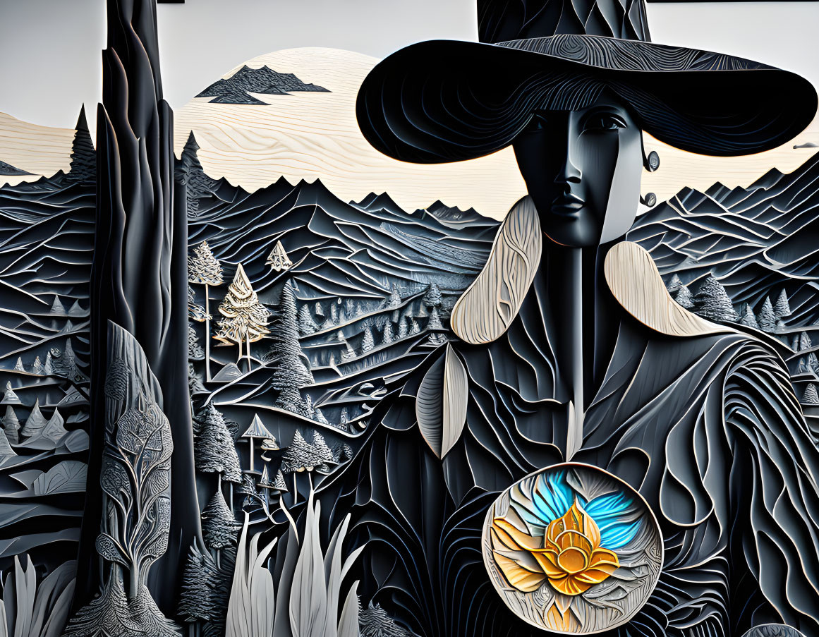 Stylized graphic image of person with wide-brimmed hat holding lotus flower amid intricate mountains