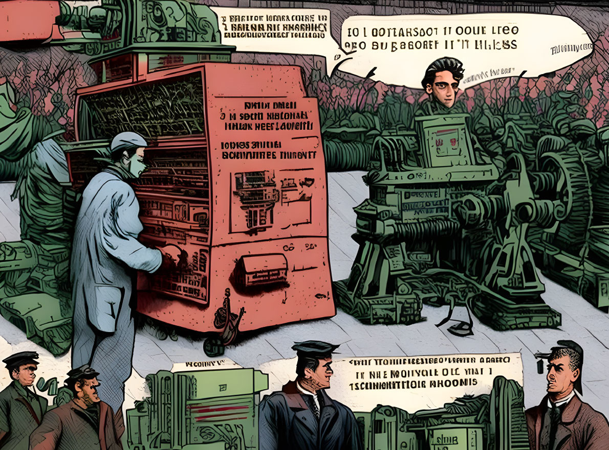 Detailed Illustration of Man Adjusting Machine in Lab Setting