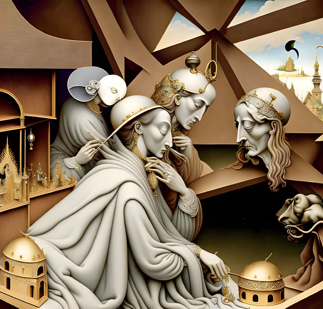 Surrealist painting featuring golden-robed figures and architectural elements