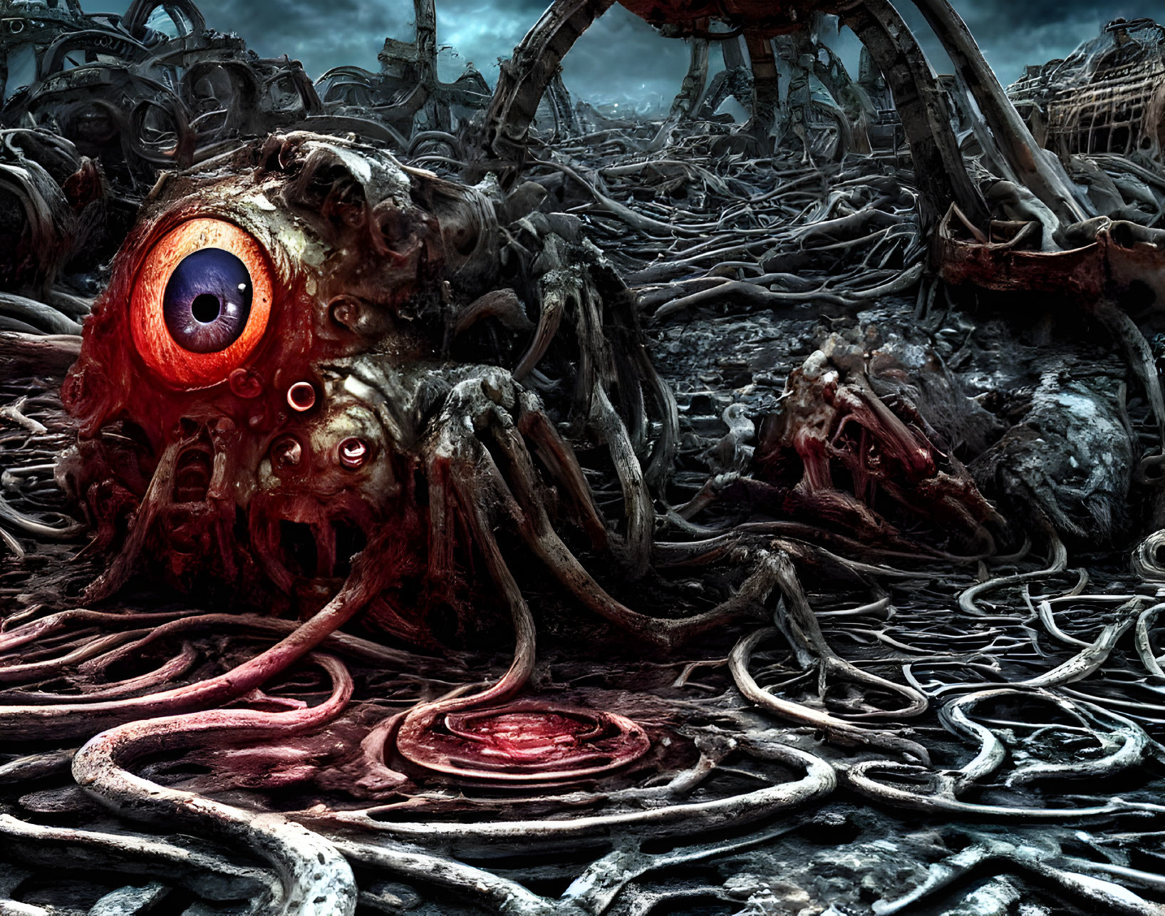 Grotesque creature with one eye and tentacles in industrial wasteland