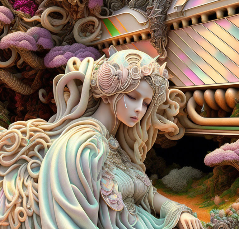 Colorful surreal portrait of a woman with intricate shell-like hair ornaments in a fantastical landscape