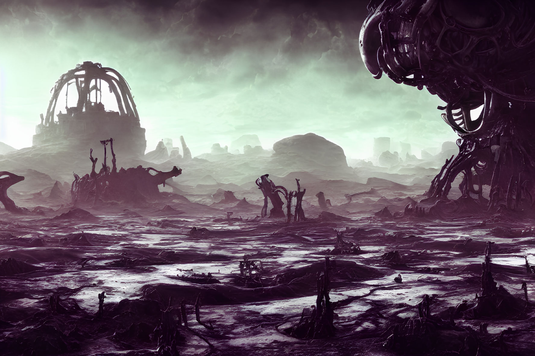 Desolate alien landscape with ruined and futuristic structures under stormy sky