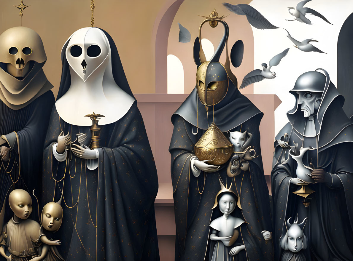 Surreal portrait of figures in dark robes with bird and skull-like masks