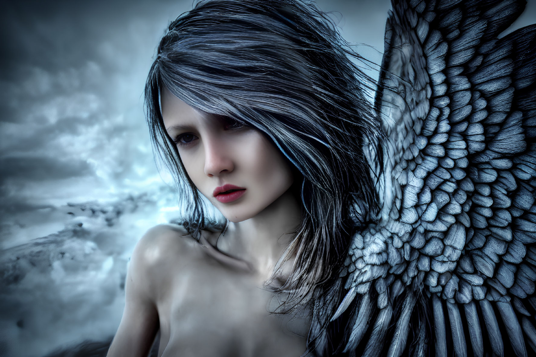 Woman with black feathered wings and intense gaze in stormy sky setting