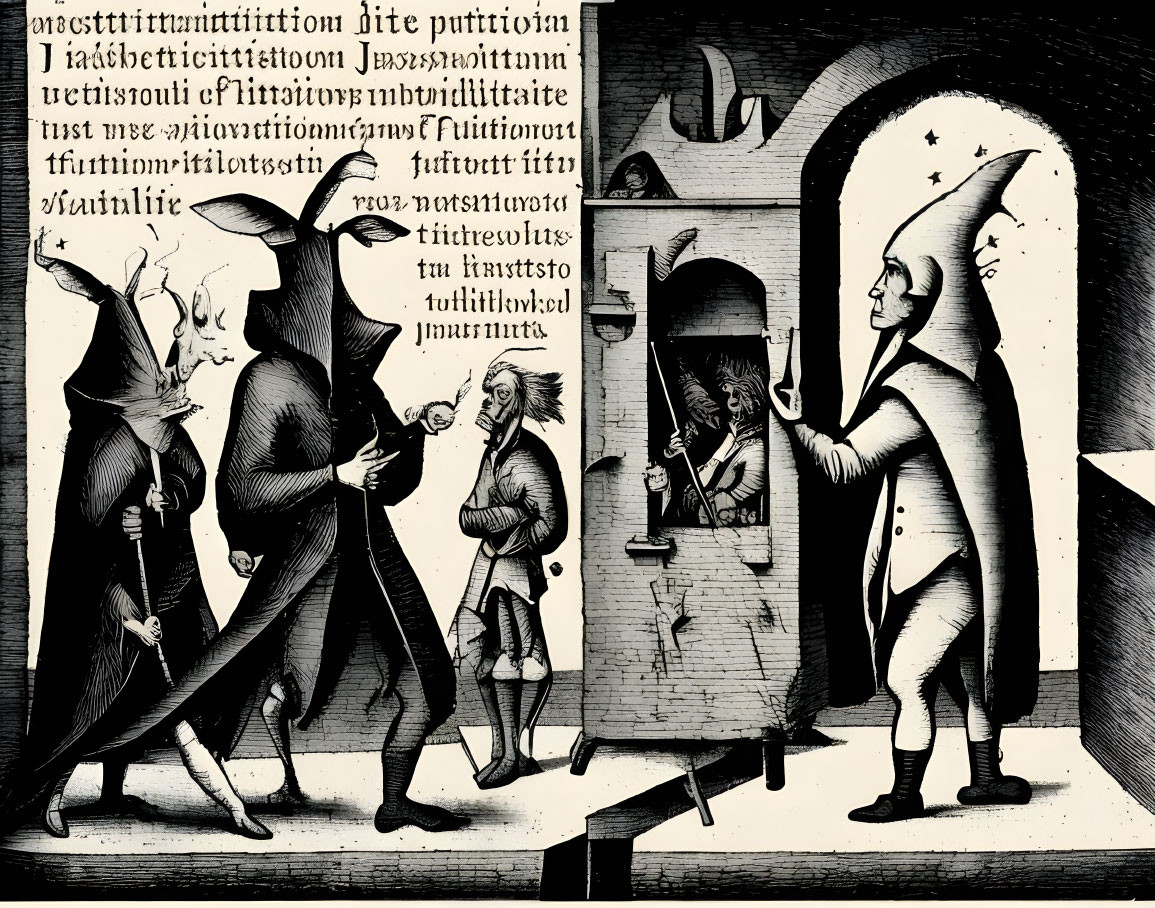 Stylized illustration: Three figures exchanging a bag, fourth figure watching.