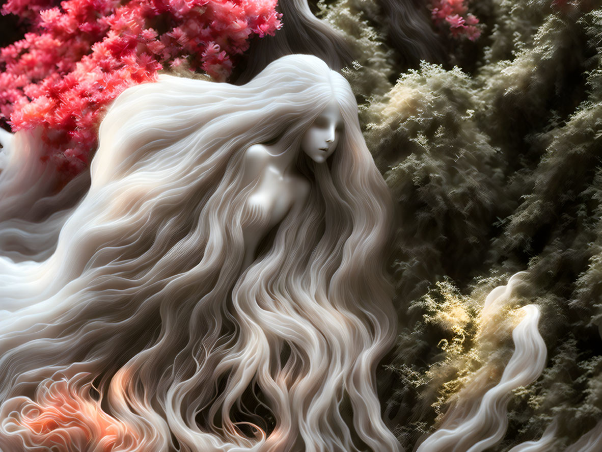 Ethereal being with white hair merges with vibrant coral landscape