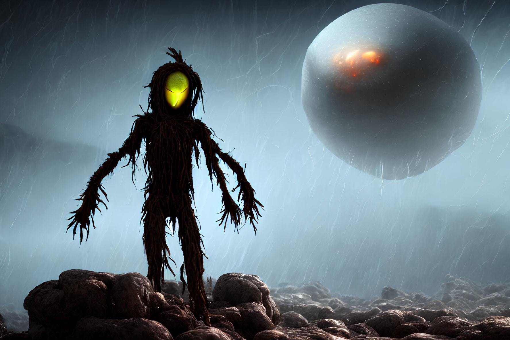 Stick figure with glowing eye in rain on rocky terrain with planet and comet in sky