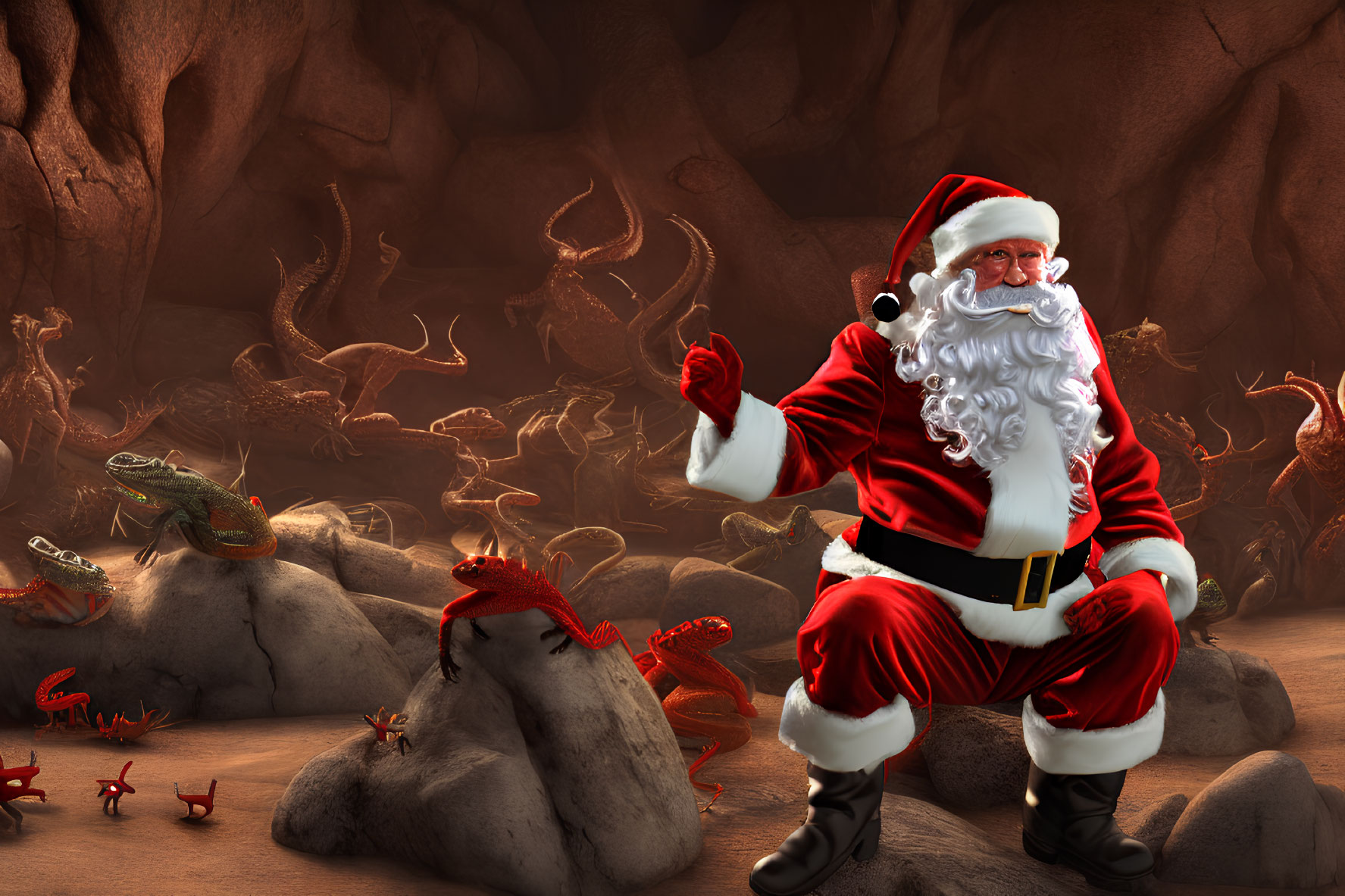 Santa Claus in cave with playful lizards and dragons, smiling with glasses.