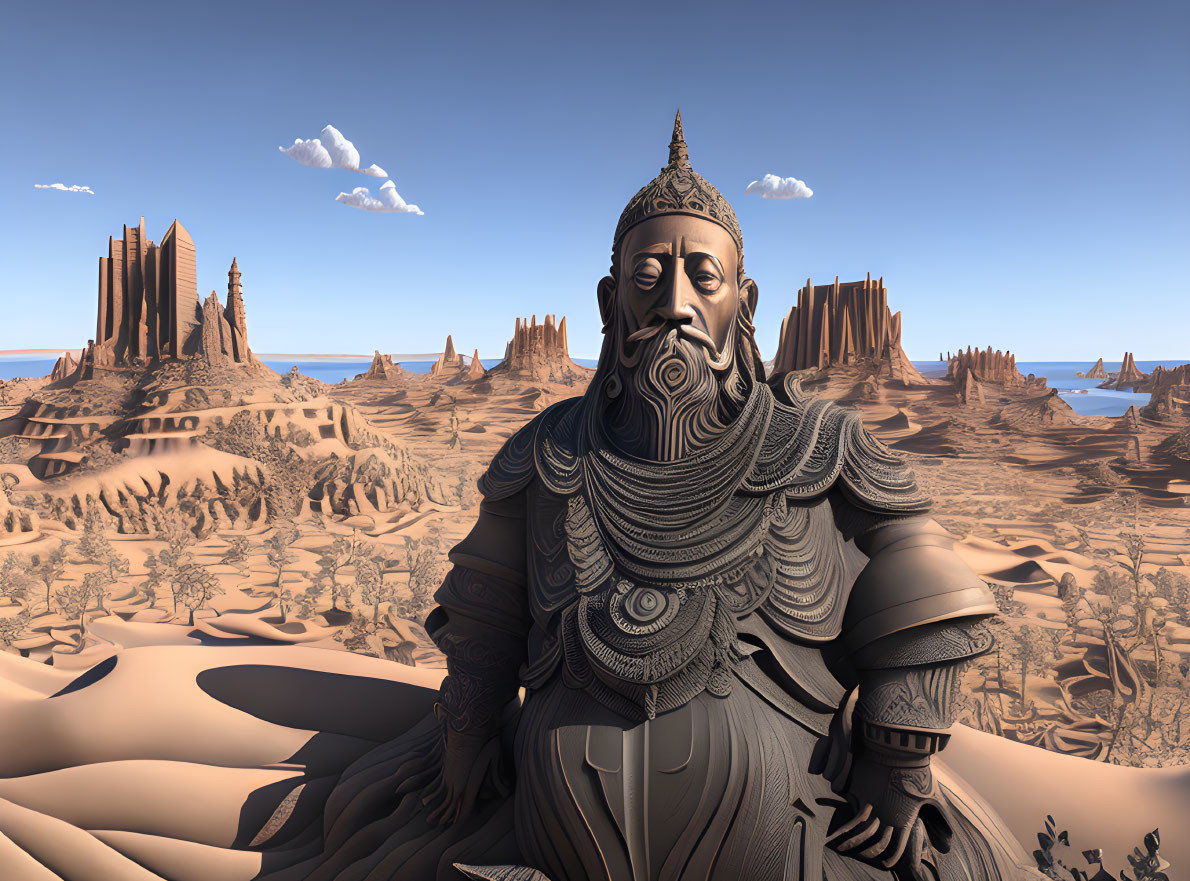 Elaborate armor sculpture in barren desert landscape