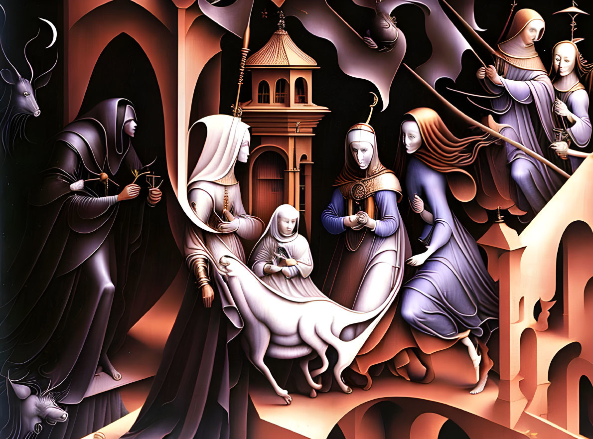 Surreal Artwork: Stylized Figures in Dark Gothic Setting