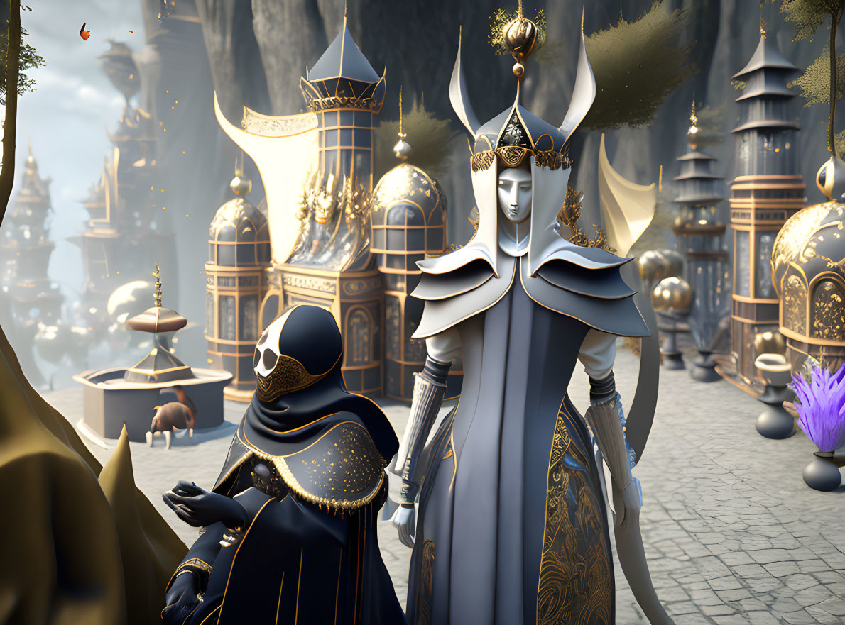 Regal figures in fantasy armor in majestic cityscape