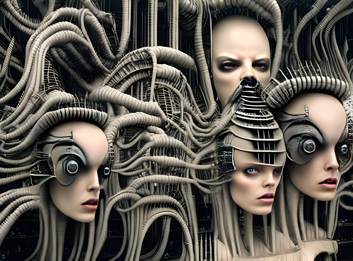 Surreal Artwork: Three Humanoid Figures with Mechanical Features