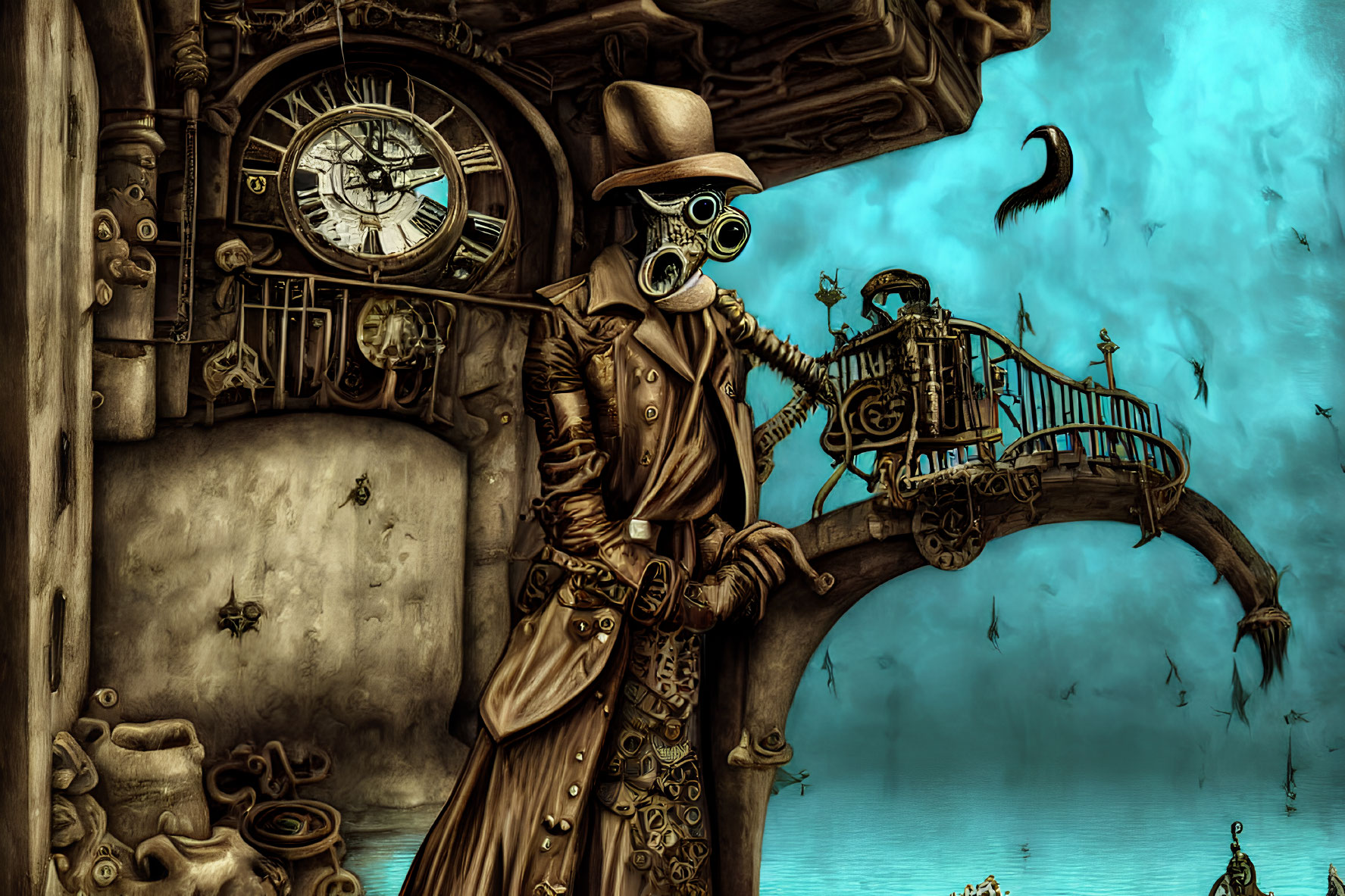 Steampunk-themed illustration of character with gas mask in vintage clothing by clock and ornate bridge in