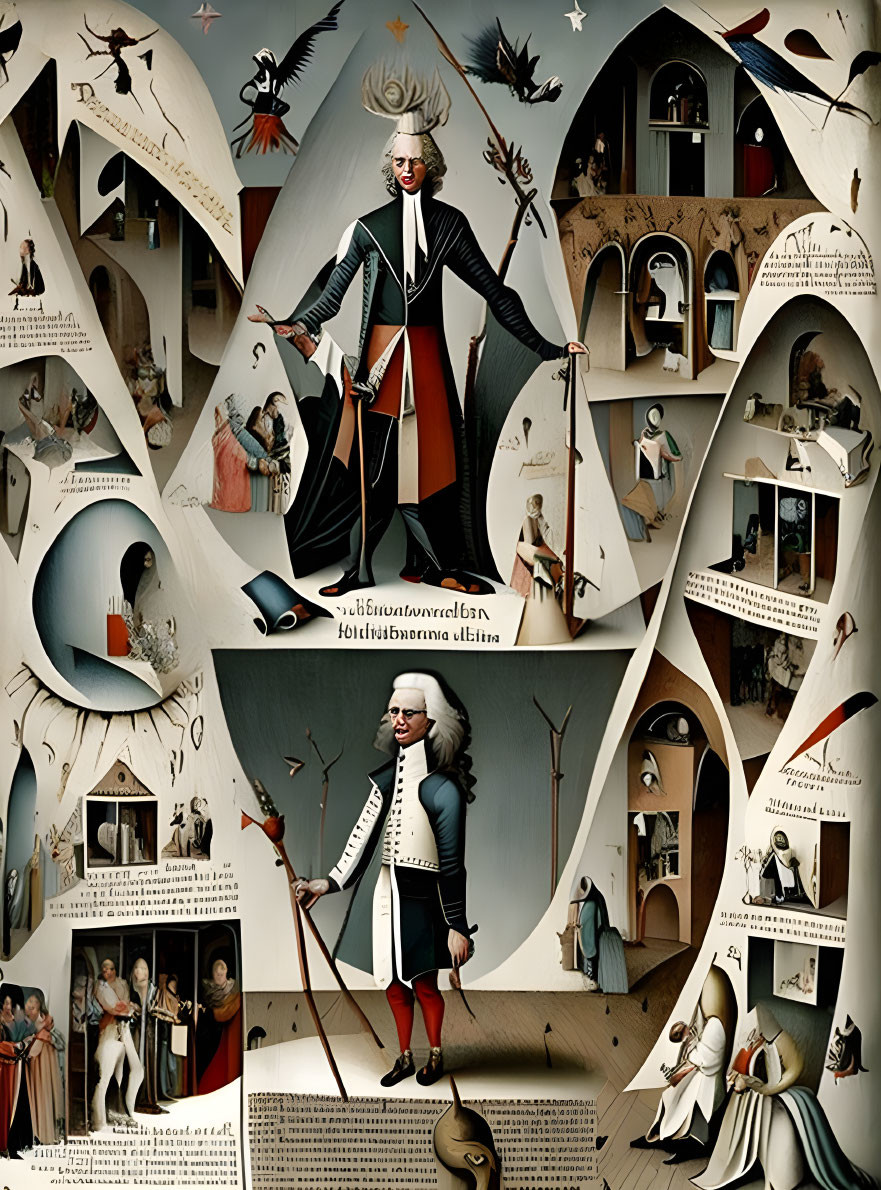 Surreal illustration with central figure and historic scenes