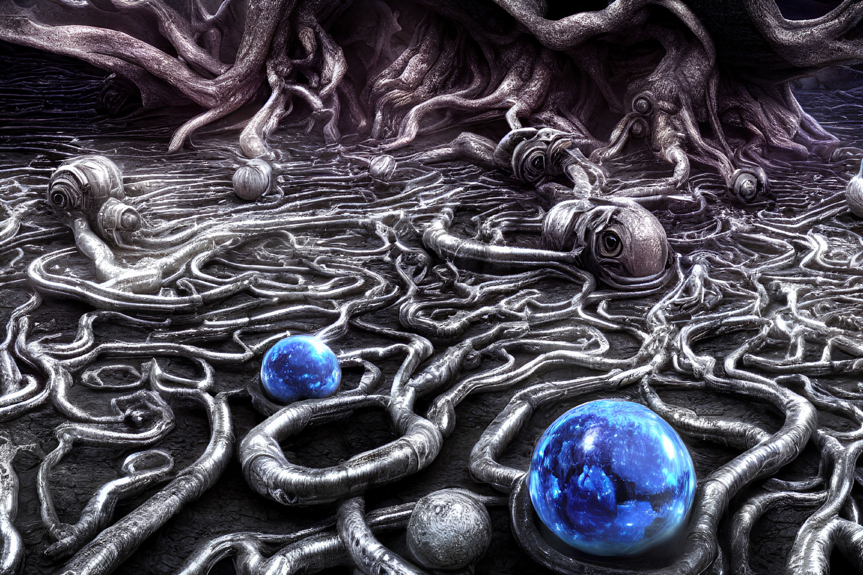 Surreal landscape with organic root-like structures and eye-like spheres