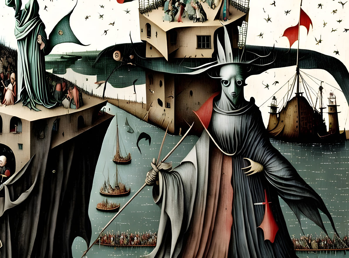 Surreal Artwork: Giant robed figure with boat oar, castle, ships, odd