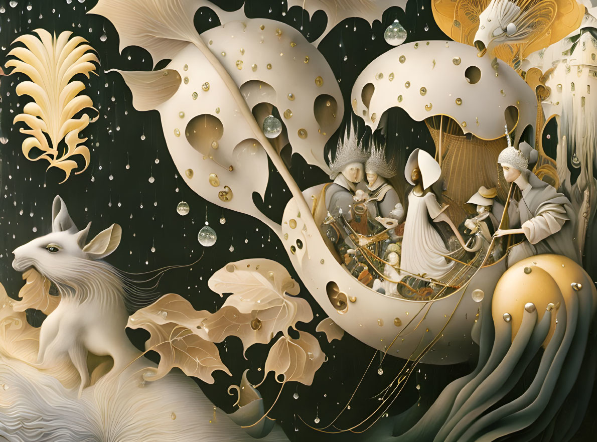 Surreal artwork: robed figures on crescent-moon boat with mythical creature in starry