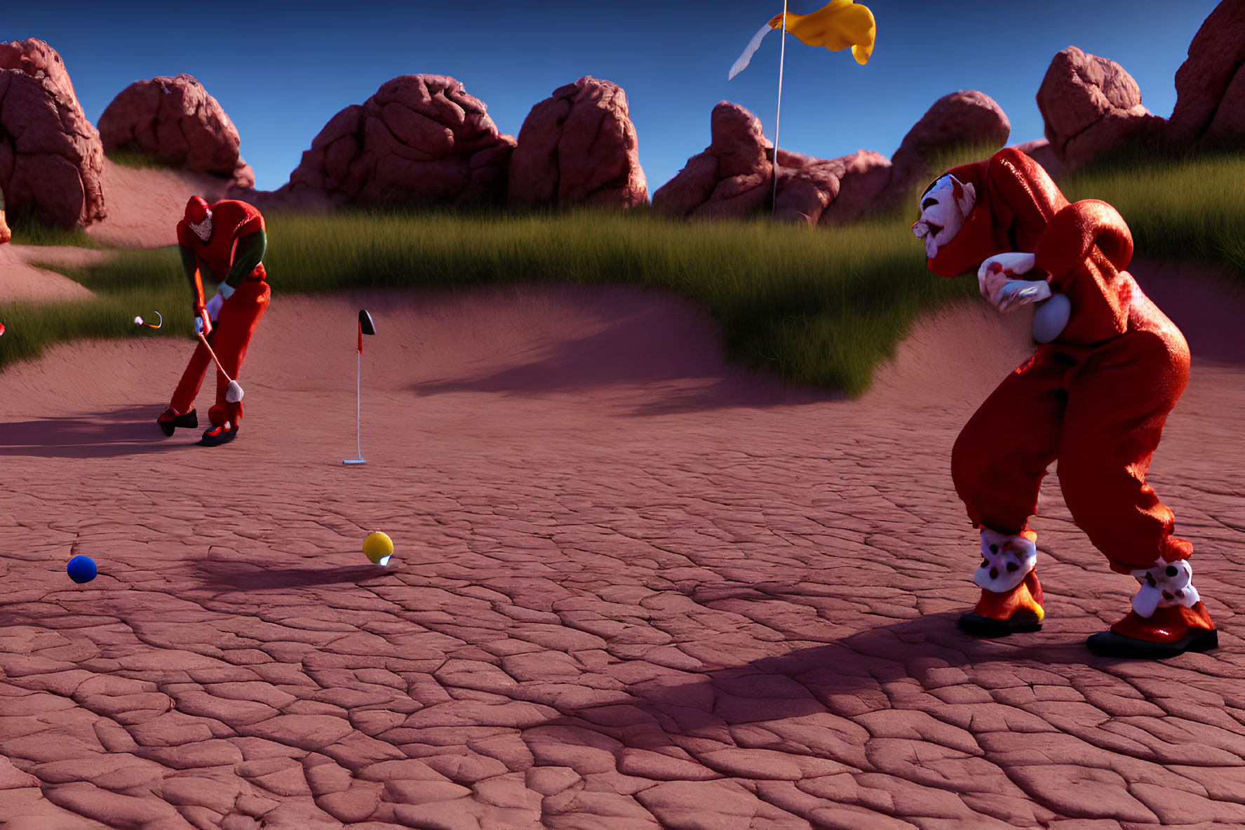 Animated clowns playing golf in desert with rocky formations