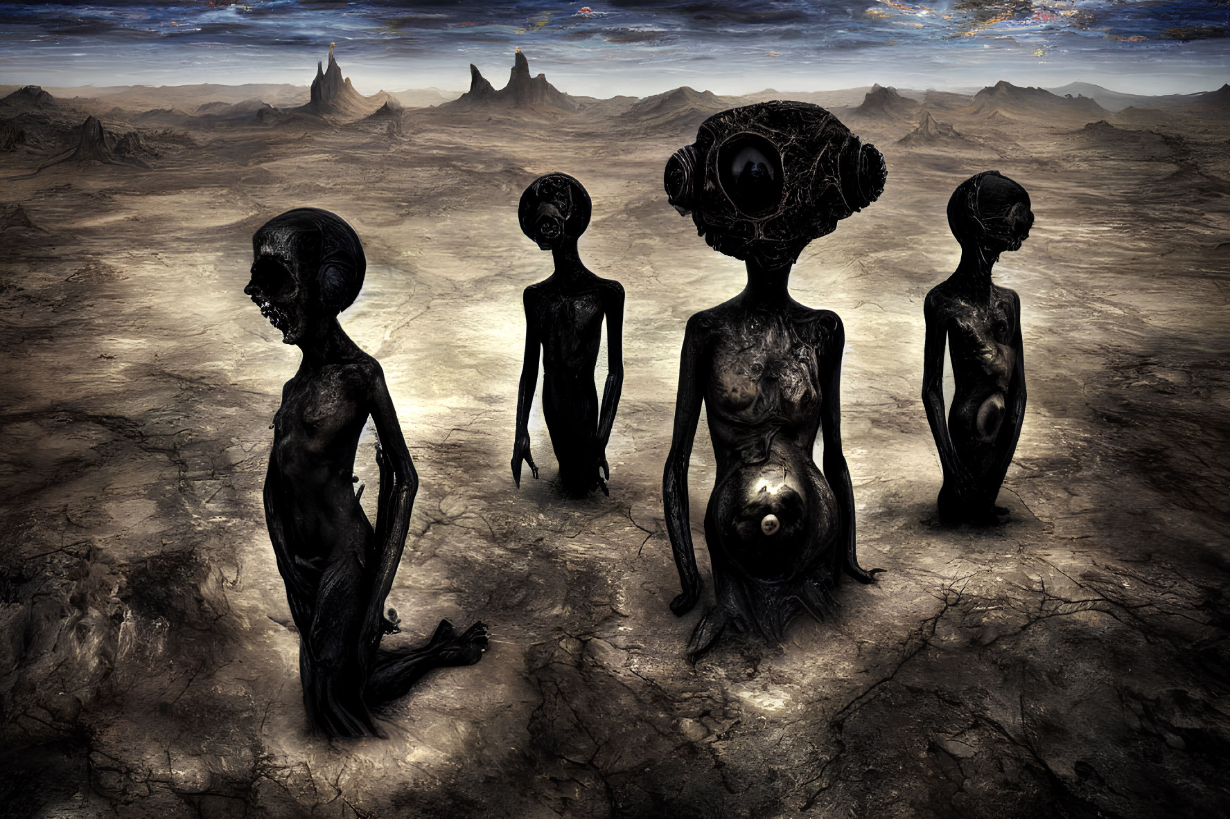 Alien-like figures in rocky landscape with diving helmet head