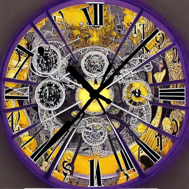 Intricate Gold and Black Roman Numeral Clock on Purple Background