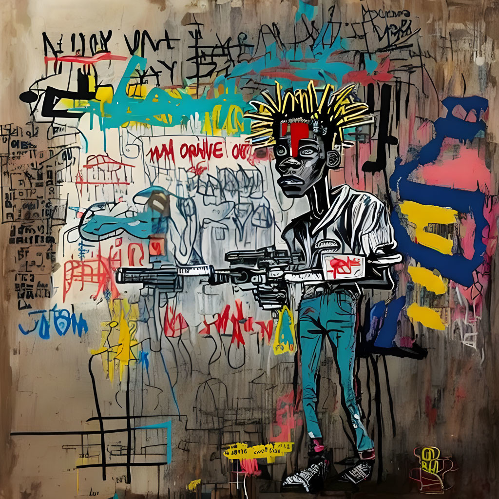 Colorful urban graffiti art featuring stylized figure with yellow hair against tag-filled background