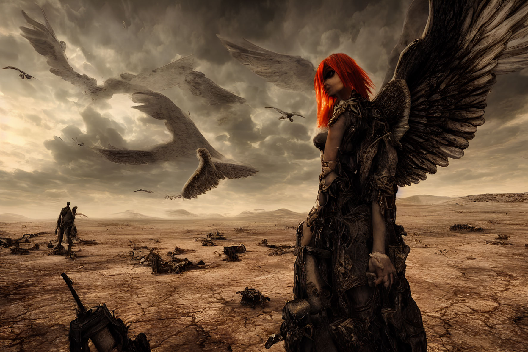 Winged figure with red hair in post-apocalyptic landscape