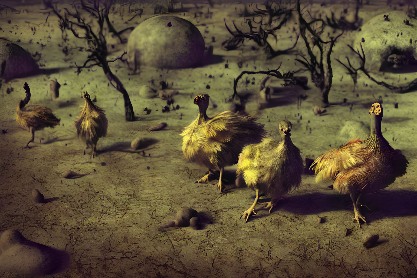 Emus in desolate landscape with eerie atmosphere