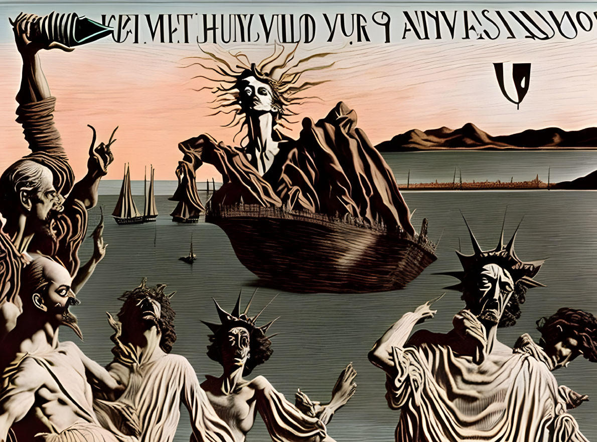 Surrealist Statue of Liberty in Boat with Distorted Figures