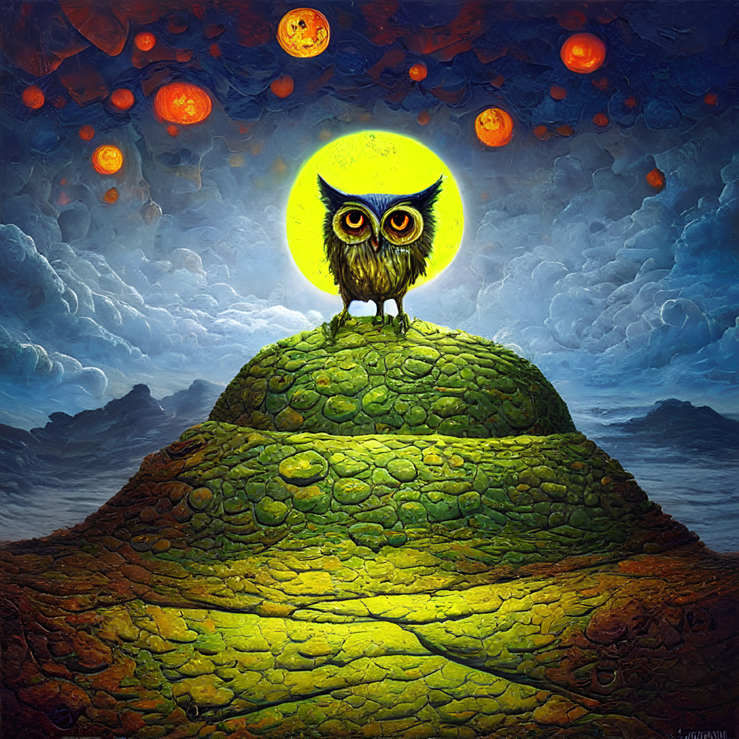 Glowing-eyed owl on green hill under yellow moon, with blue sky and orange moons.